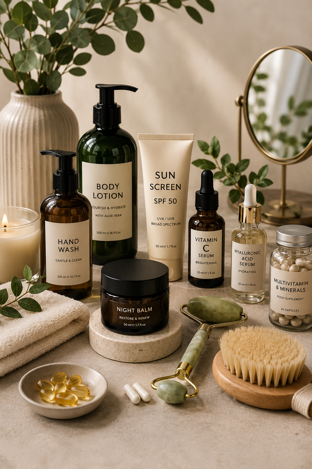 Premium beauty and health essentials including skincare, wellness products, cosmetics, vitamins, personal care items and self-care accessories in a modern spa-inspired setting.