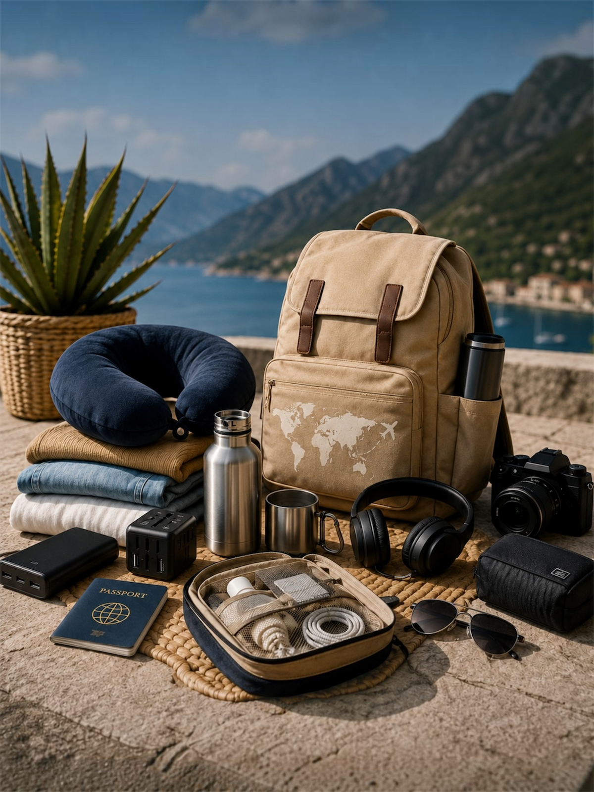 Travel backpack and essential travel accessories for organized business and vacation trips.