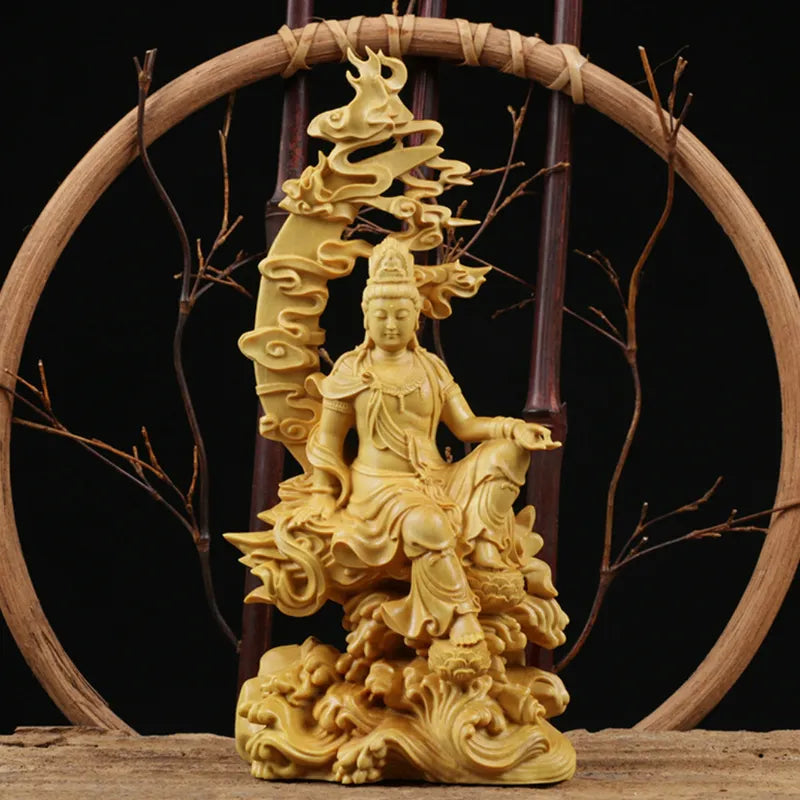 Wooden Guanyin: Tranquil Buddha Sculpture for Stylish Living Room Decor