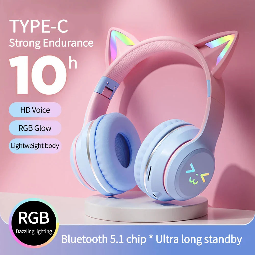 Casque Bluetooth sans fil oreilles de chat bleu