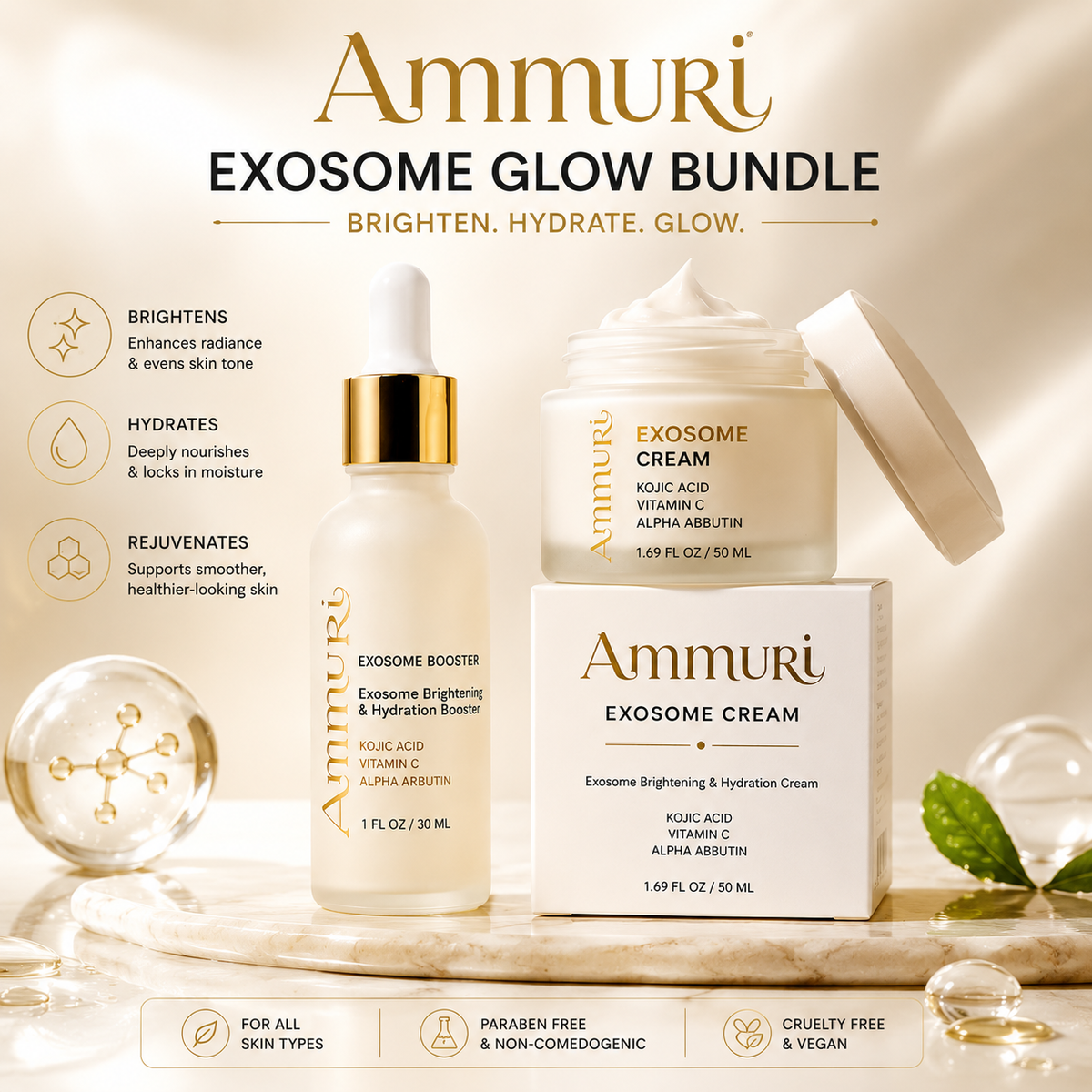 Complete Exosome Brightening Routine | Serum & Cream Duo for Dark Spots & Even Skin Tone | Ammuri Beauty